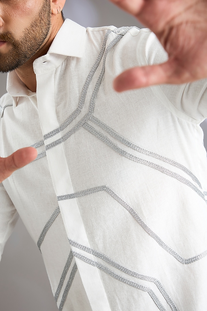 White Cotton Embroidered Wedding Shirt by Arun Verma at Pernia's Pop Up Shop