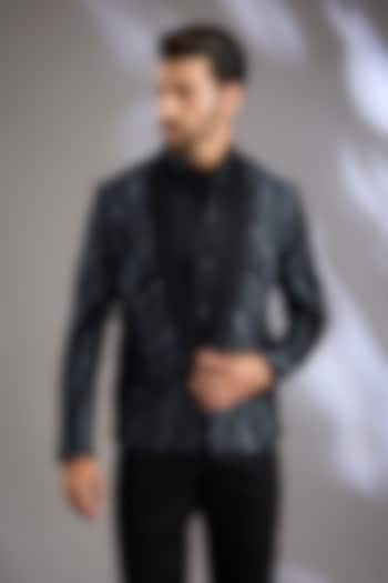 Black Linen Resham Embroidered Blazer by Arun Verma at Pernia's Pop Up Shop