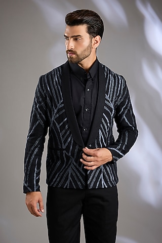 Black Linen Resham Embroidered Blazer by Arun Verma