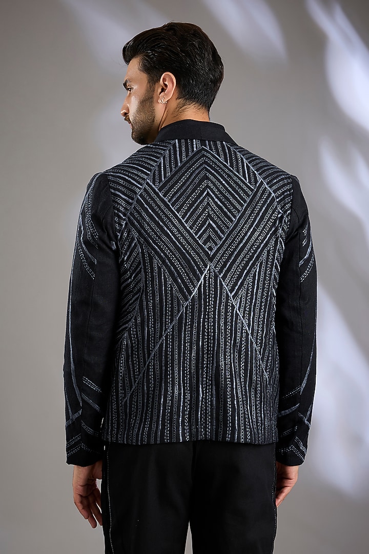 Black Linen Resham Embroidered Blazer by Arun Verma at Pernia's Pop Up Shop