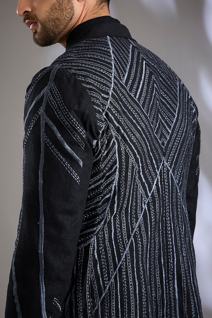 Black Linen Resham Embroidered Blazer by Arun Verma at Pernia's Pop Up Shop
