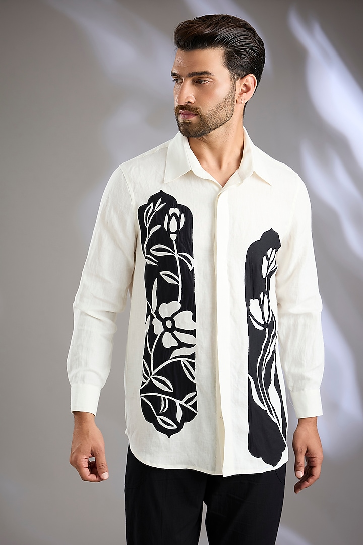 Ivory Linen Embroidered Wedding Shirt by Arun Verma at Pernia's Pop Up Shop
