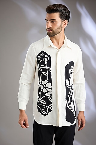 Ivory Linen Embroidered Shirt by Arun Verma