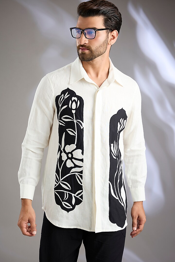 Ivory Linen Embroidered Wedding Shirt by Arun Verma at Pernia's Pop Up Shop