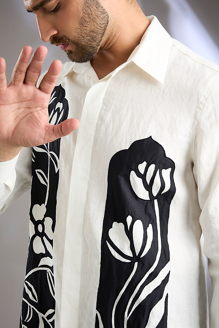 Ivory Linen Embroidered Wedding Shirt by Arun Verma at Pernia's Pop Up Shop