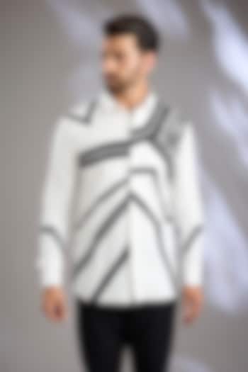 White & Black Cotton Applique Embroidered Wedding Shirt by Arun Verma at Pernia's Pop Up Shop