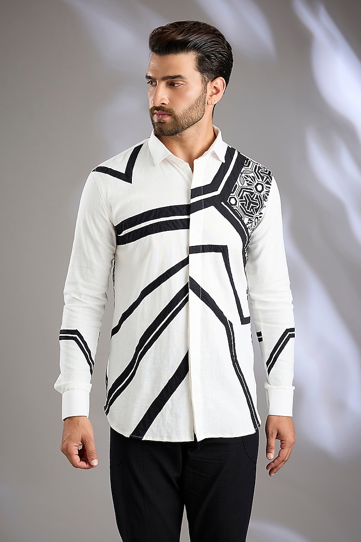 White & Black Cotton Applique Embroidered Wedding Shirt by Arun Verma at Pernia's Pop Up Shop