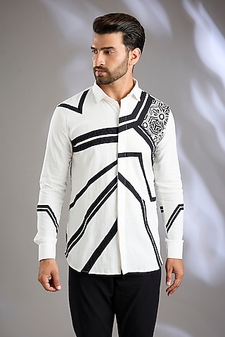 White & Black Cotton Applique Embroidered Shirt by Arun Verma
