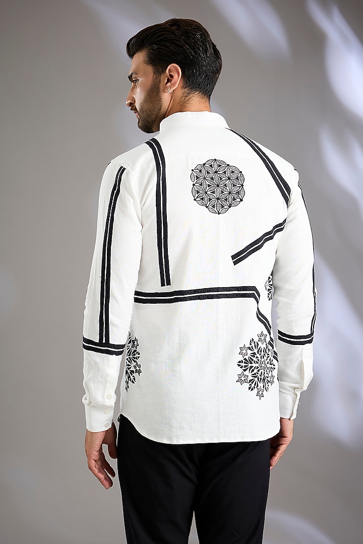 White & Black Cotton Applique Embroidered Wedding Shirt by Arun Verma at Pernia's Pop Up Shop