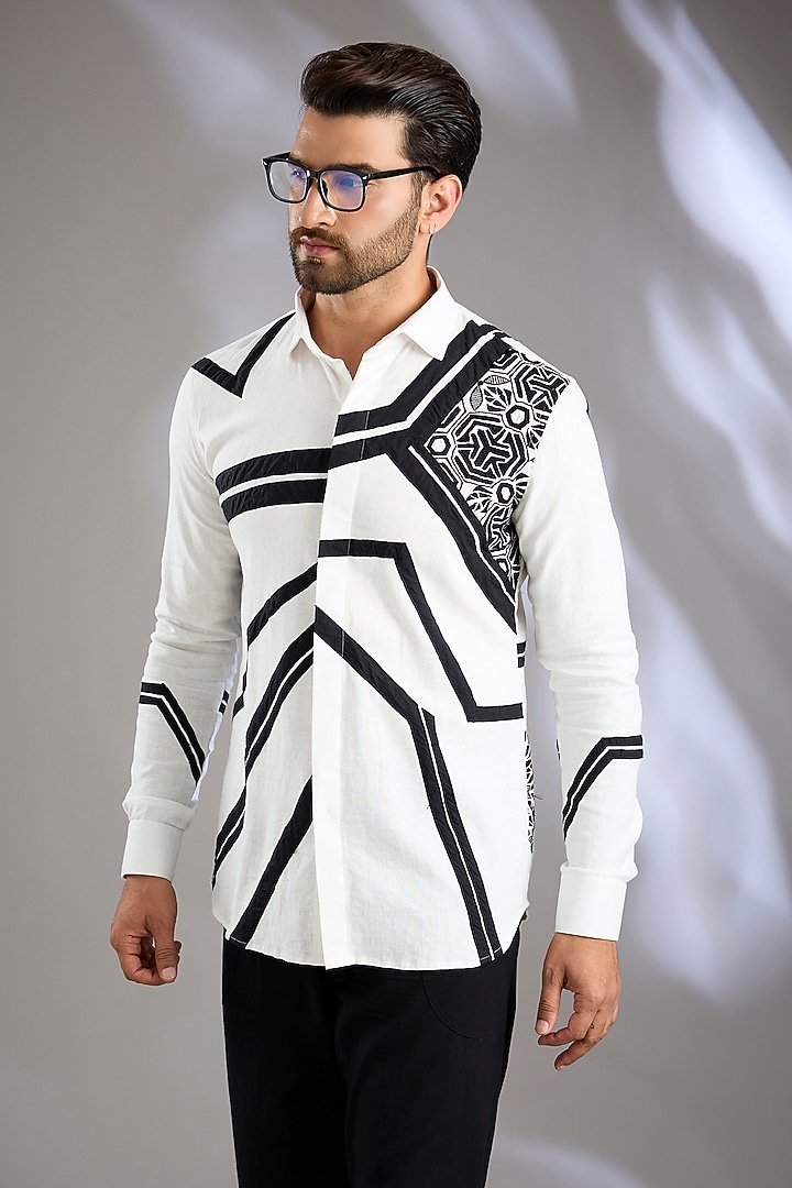 White & Black Cotton Applique Embroidered Wedding Shirt by Arun Verma at Pernia's Pop Up Shop