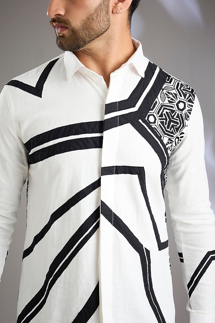 White & Black Cotton Applique Embroidered Wedding Shirt by Arun Verma at Pernia's Pop Up Shop