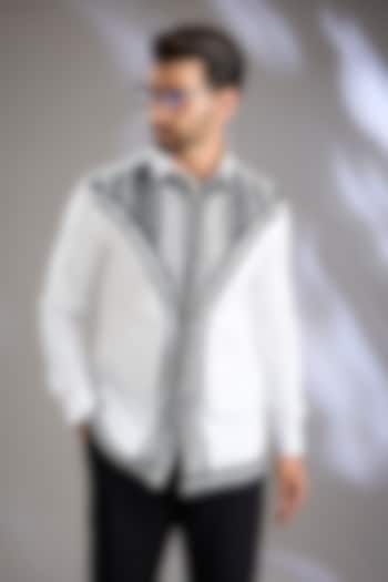 White & Black Cotton Satin Embroidered Party Wear Shirt by Arun Verma at Pernia's Pop Up Shop