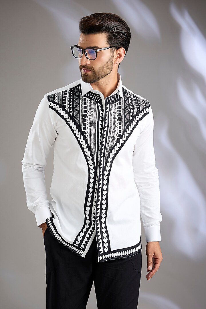White & Black Cotton Satin Embroidered Party Wear Shirt by Arun Verma at Pernia's Pop Up Shop