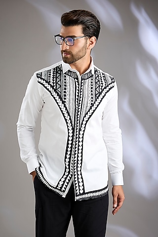 White & Black Cotton Satin Embroidered Shirt by Arun Verma