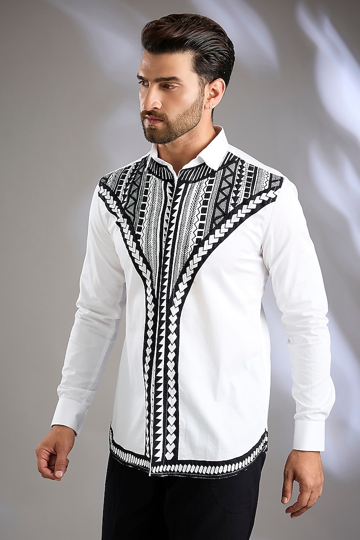 White & Black Cotton Satin Embroidered Party Wear Shirt by Arun Verma at Pernia's Pop Up Shop