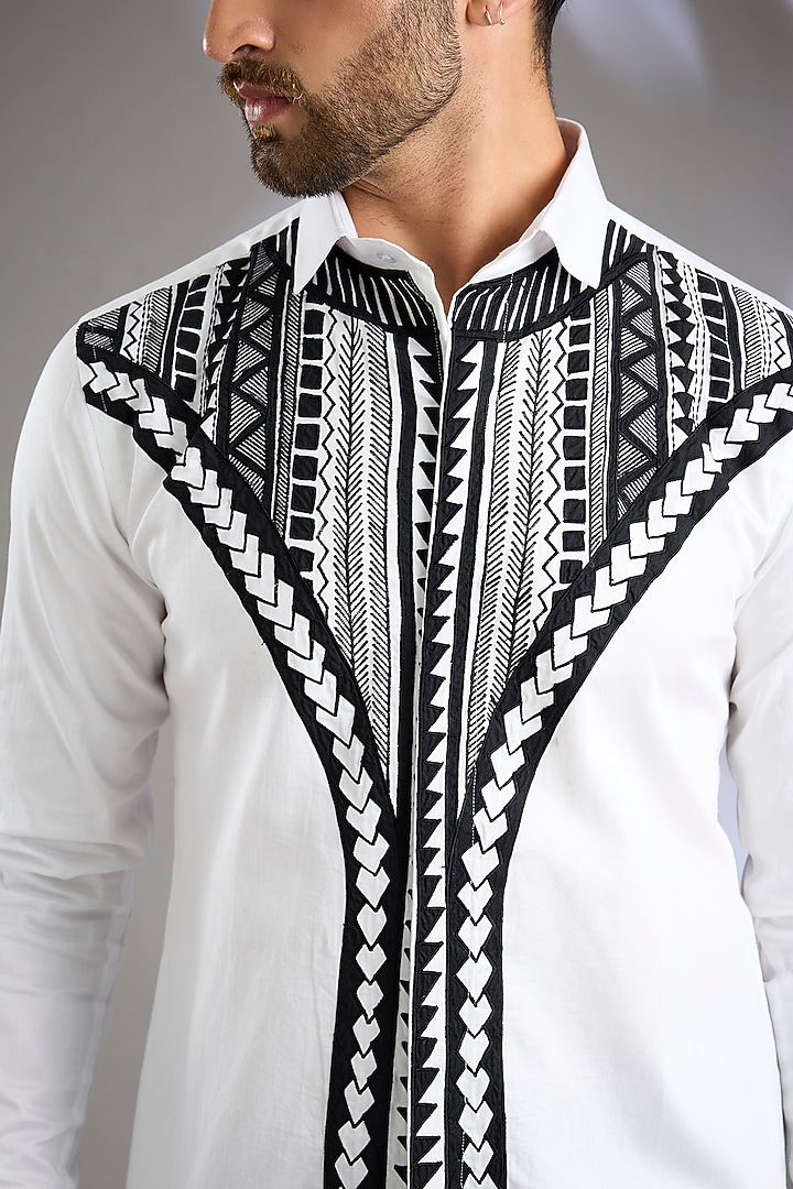 White & Black Cotton Satin Embroidered Party Wear Shirt by Arun Verma at Pernia's Pop Up Shop