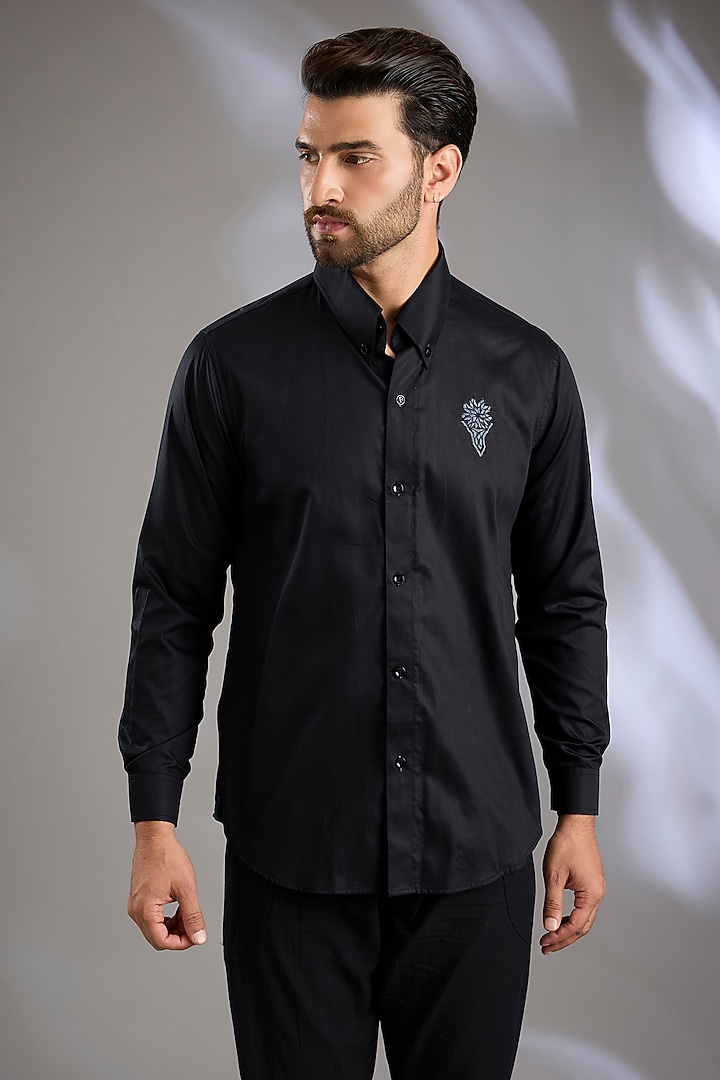 Black Cotton Motif Party Wear Shirt by Arun Verma at Pernia's Pop Up Shop