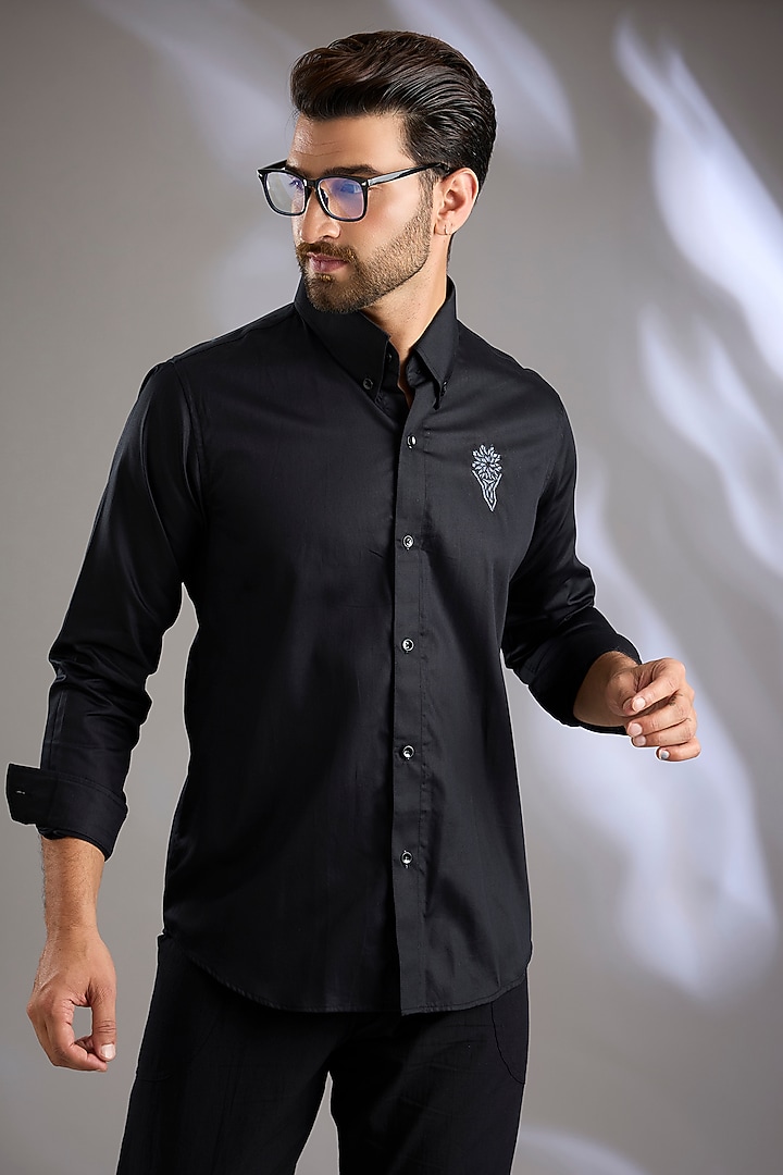 Black Cotton Motif Party Wear Shirt by Arun Verma at Pernia's Pop Up Shop
