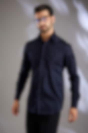 Navy Blue Cotton Satin Embroidered Wedding Shirt by Arun Verma at Pernia's Pop Up Shop