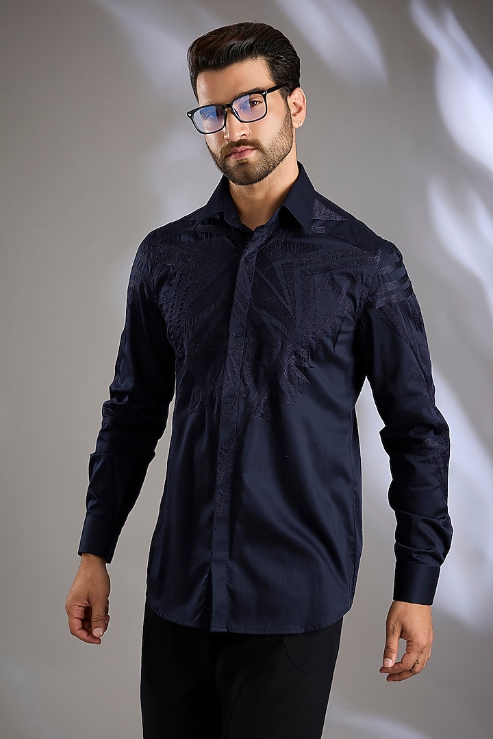 Navy Blue Cotton Satin Embroidered Wedding Shirt by Arun Verma at Pernia's Pop Up Shop