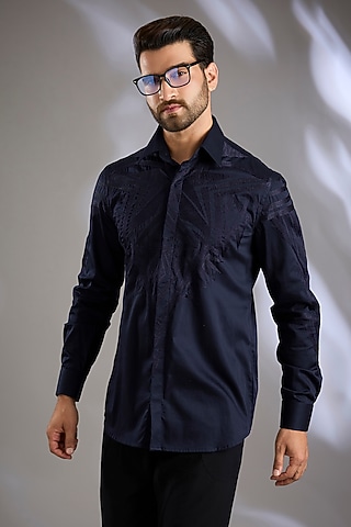 Navy Blue Cotton Satin Embroidered Shirt by Arun Verma