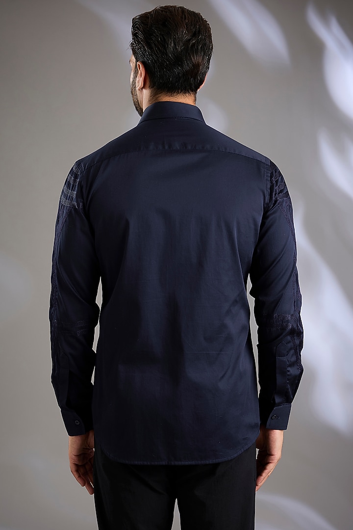 Navy Blue Cotton Satin Embroidered Wedding Shirt by Arun Verma at Pernia's Pop Up Shop