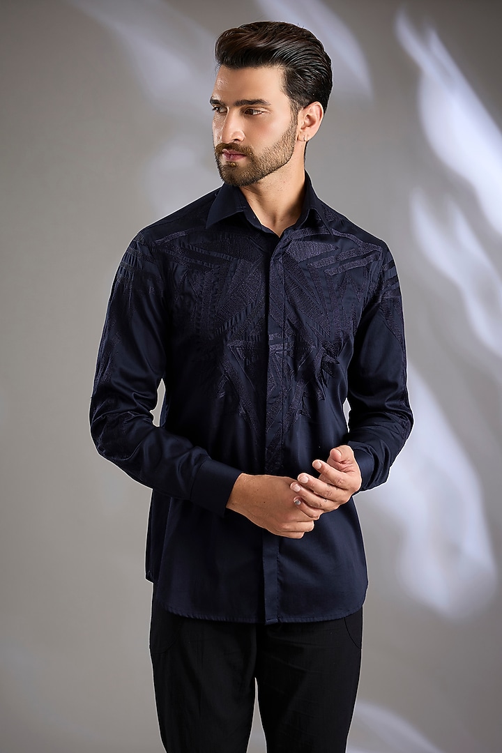 Navy Blue Cotton Satin Embroidered Wedding Shirt by Arun Verma at Pernia's Pop Up Shop