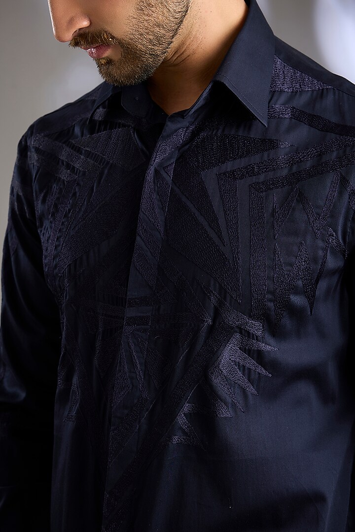 Navy Blue Cotton Satin Embroidered Wedding Shirt by Arun Verma at Pernia's Pop Up Shop