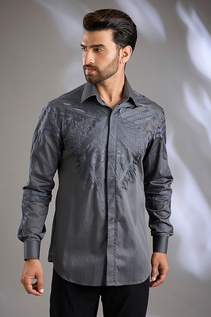 Grey Cotton Satin Embroidered Wedding Shirt by Arun Verma at Pernia's Pop Up Shop
