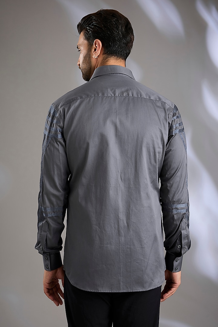 Grey Cotton Satin Embroidered Wedding Shirt by Arun Verma at Pernia's Pop Up Shop