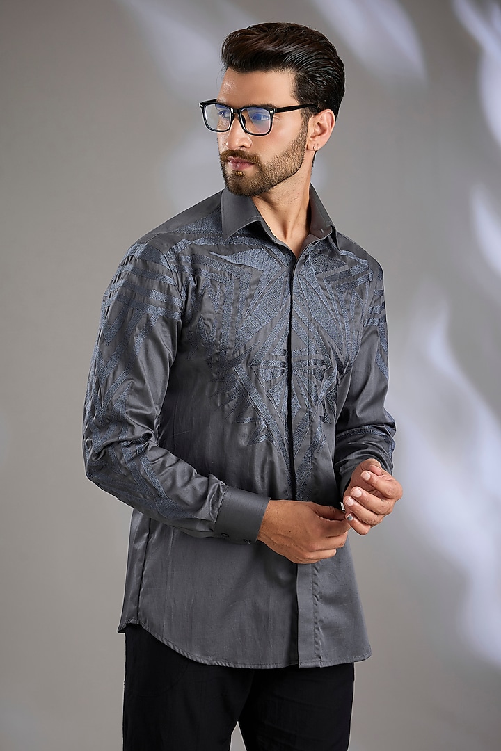 Grey Cotton Satin Embroidered Wedding Shirt by Arun Verma at Pernia's Pop Up Shop