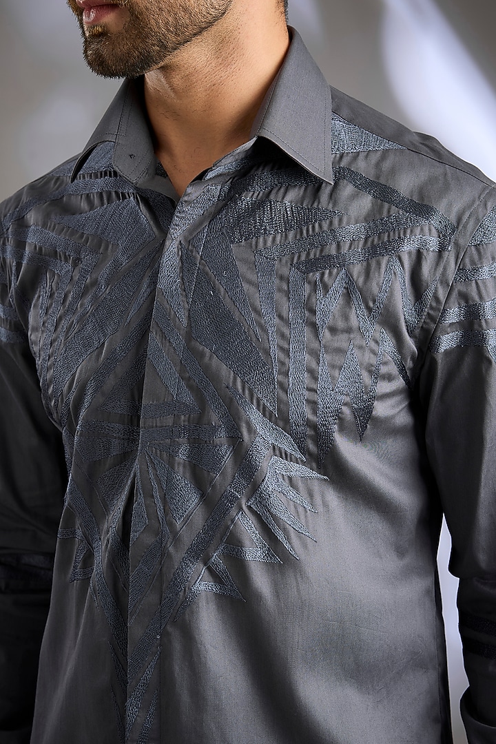 Grey Cotton Satin Embroidered Wedding Shirt by Arun Verma at Pernia's Pop Up Shop