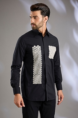 Black Cotton Poplin Embroidered Shirt by Arun Verma
