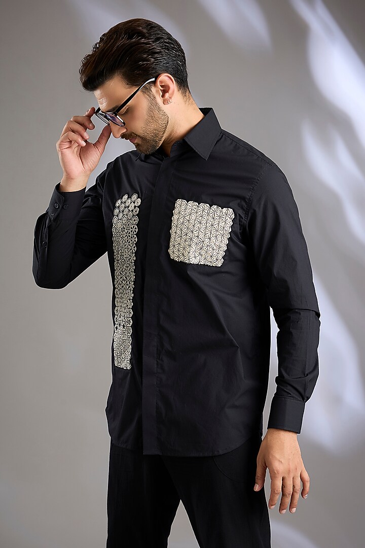 Black Cotton Poplin Embroidered Wedding Shirt by Arun Verma at Pernia's Pop Up Shop