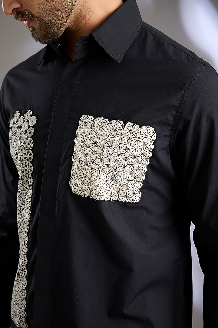 Black Cotton Poplin Embroidered Wedding Shirt by Arun Verma at Pernia's Pop Up Shop