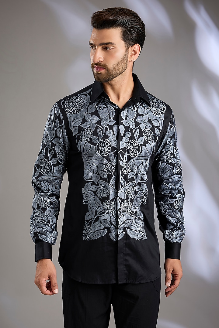 Black Cotton Satin Resham Embroidered Wedding Shirt by Arun Verma at Pernia's Pop Up Shop