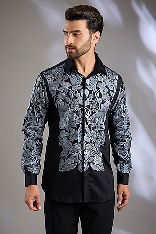 Black Cotton Satin Resham Embroidered Shirt by Arun Verma