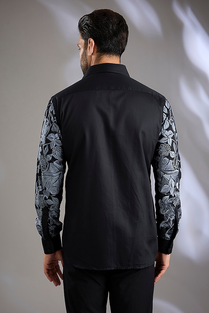 Black Cotton Satin Resham Embroidered Wedding Shirt by Arun Verma at Pernia's Pop Up Shop