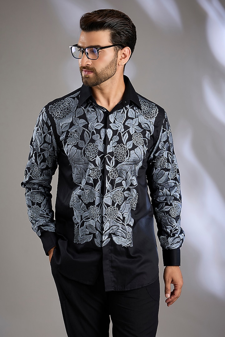 Black Cotton Satin Resham Embroidered Wedding Shirt by Arun Verma at Pernia's Pop Up Shop