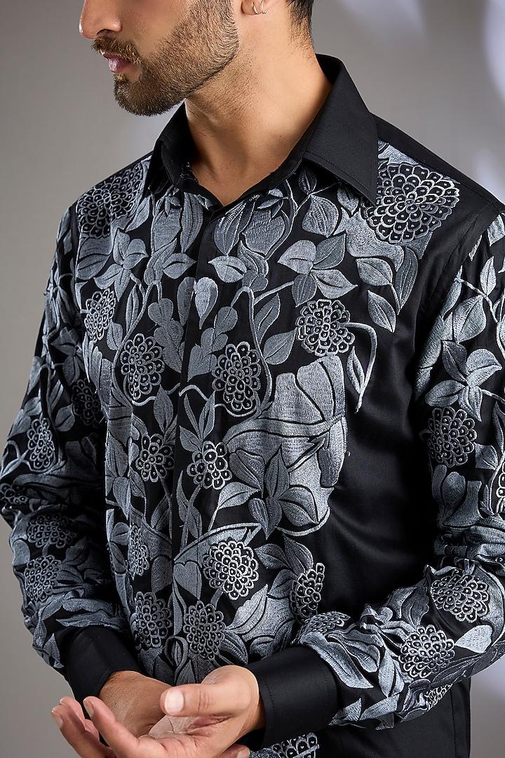 Black Cotton Satin Resham Embroidered Wedding Shirt by Arun Verma at Pernia's Pop Up Shop