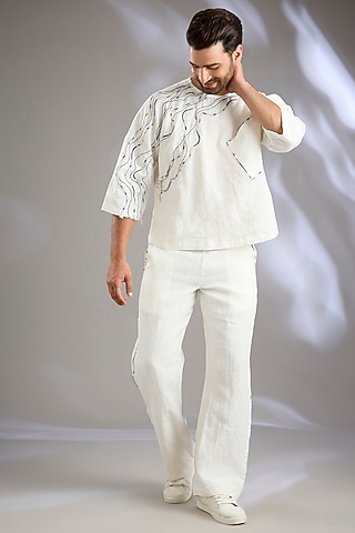 Ivory Linen Embroidered Co-Ord Set by Arun Verma
