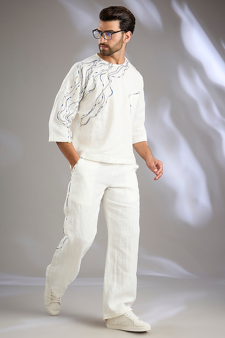 Ivory Linen Embroidered Co-Ord Set by Arun Verma at Pernia's Pop Up Shop