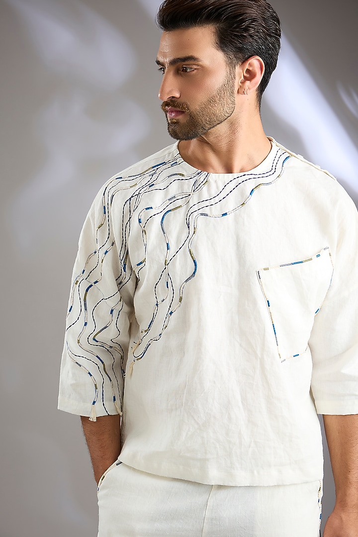 Ivory Linen Embroidered Co-Ord Set by Arun Verma at Pernia's Pop Up Shop