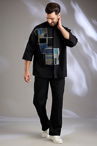 Black Cotton Twill Embroidered Co-Ord Set by Arun Verma