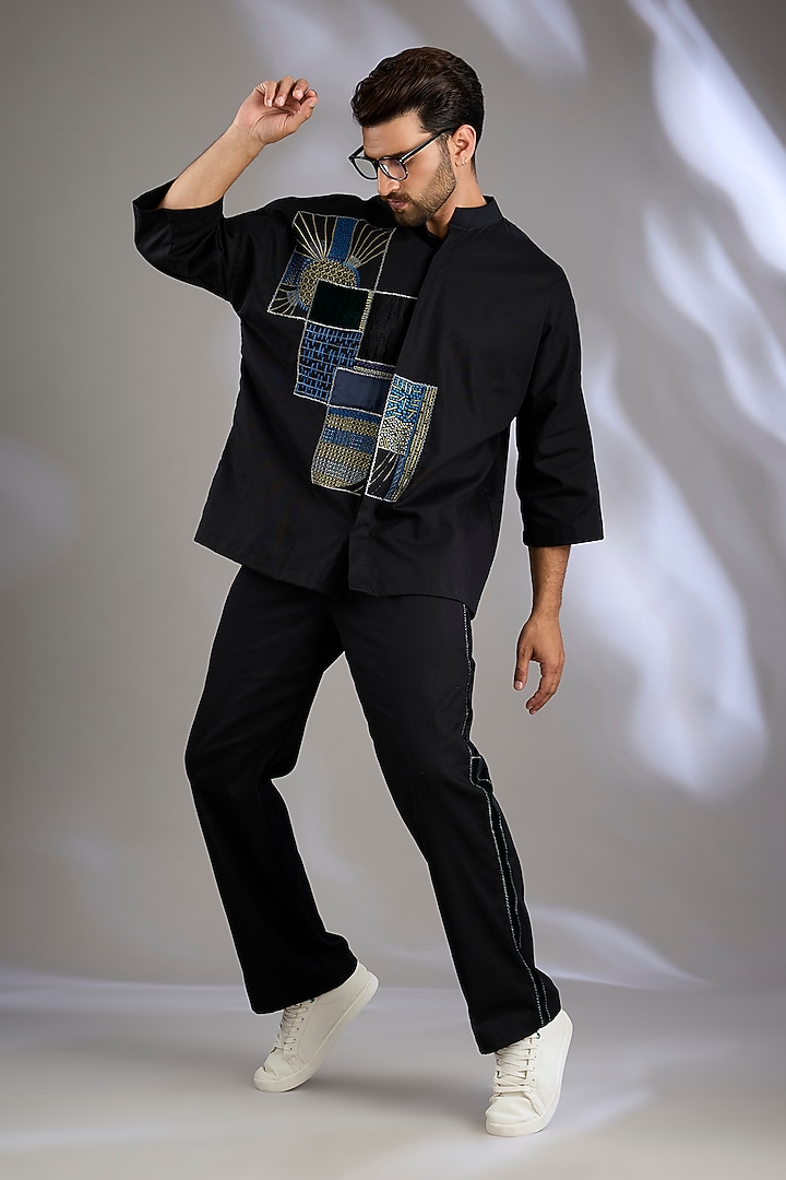 Black Cotton Twill Embroidered Co-Ord Set by Arun Verma at Pernia's Pop Up Shop