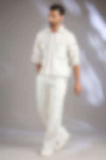 Ivory Linen Resham Embroidered Co-Ord Set by Arun Verma at Pernia's Pop Up Shop