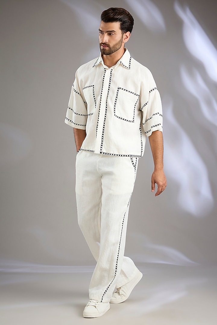 Ivory Linen Resham Embroidered Co-Ord Set by Arun Verma at Pernia's Pop Up Shop