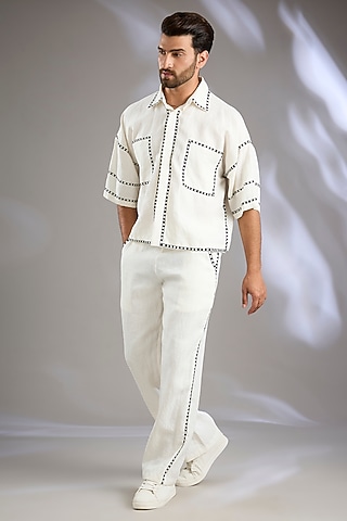 Ivory Linen Resham Embroidered Co-Ord Set by Arun Verma