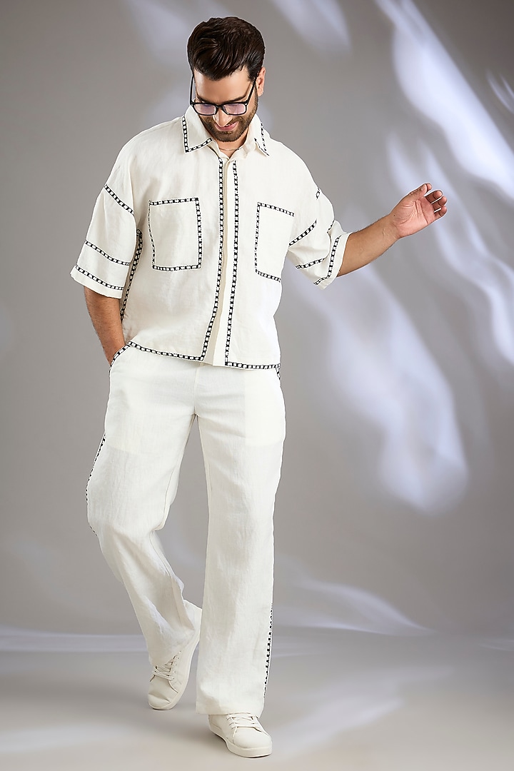 Ivory Linen Resham Embroidered Co-Ord Set by Arun Verma at Pernia's Pop Up Shop