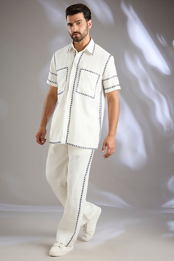 Ivory Linen Placement Embroidered Co-Ord Set by Arun Verma at Pernia's Pop Up Shop